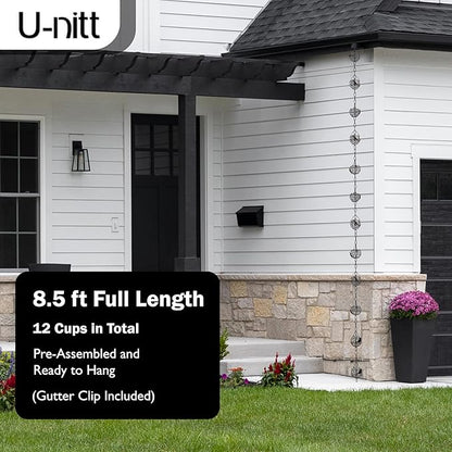U-nitt Rain Chain Water Collection for Gutters Rainwater Catcher & Diverter, 8.5 FT Chains for Outside Garden, Antique Bird Nest Cups, Roof Downspout, Works with Heavy Rain, Gutter Clip for Rainchains