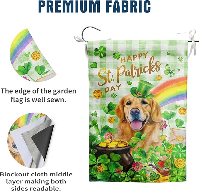 Golden Retriever St Patricks Day Garden Flag Dog St Patrick's Day Yard Flags for Outside 12x18 Double Sided Buffalo Plaid Shamrock Flag Small Outdoor Rainbow St Patrick's Decor