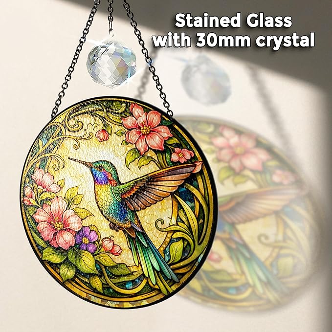 Stained Glass Window Hanging Hummingbird Sun Catcher, Gifts for Hummingbird Lovers, Colorful Bird Suncatcher for Window, Home Wall Art Decoration, Glass Bird Ornament Decor