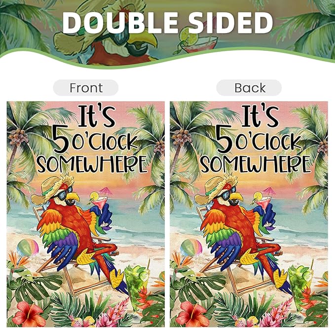 Summer House Flags for Outdoor Decoration, It's 5 O'clock Somewhere Beach Parrot Large Yard Flag, Seasonal Decorative Celebration Decor for Spring Farmhouse Holiday Outside 28x40 Inch Vertical Double Sided