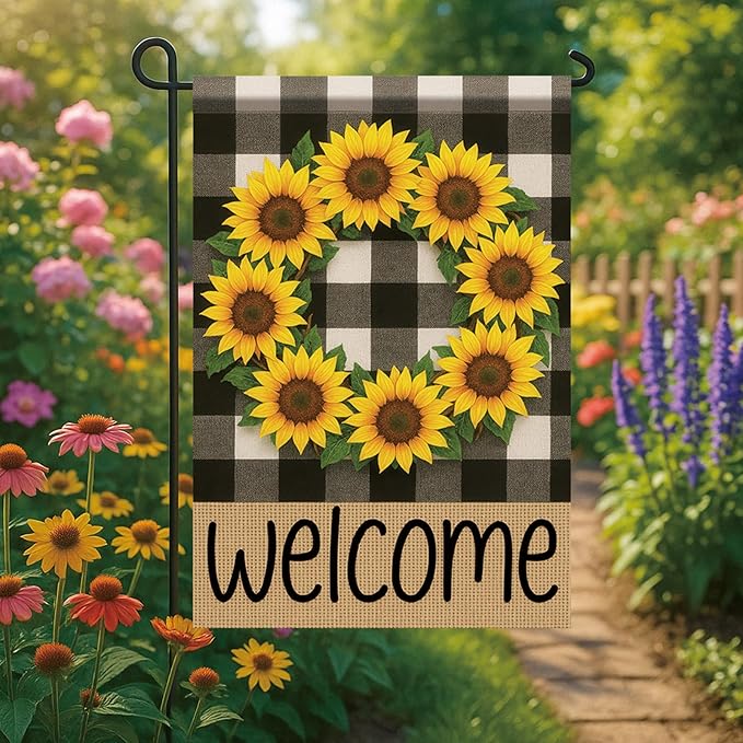 Buffalo Plaid Welcome Wreath Garden Flag Sunflower Flower Flag 12x18 Double Sided Tropical Floral Yard Decor Welcome Sign for Spring Summer Outdoor Porch Patio Lawn Farmhouse
