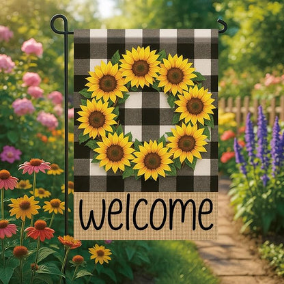 Buffalo Plaid Welcome Wreath Garden Flag Sunflower Flower Flag 12x18 Double Sided Tropical Floral Yard Decor Welcome Sign for Spring Summer Outdoor Porch Patio Lawn Farmhouse