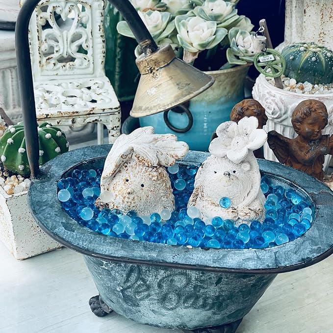 Rust Iron Hedgehog Garden Statue, 3.9 Inch High Cute Animal Garden Figurines for Patio Yard Lawn Outdoor Decor(Rust, White Color) (White-Flower)