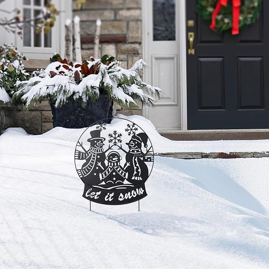 Glitzhome Christmas Metal Silhouette Snowman Family Waterglobe Yard Stake, 30 Inch Outdoor & Wall Decor with Lighted Scene, Holiday Lawn Art for Festive Home Decorations