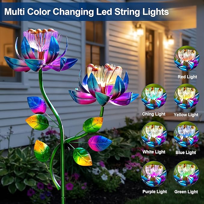 Solar Wind Spinners Blue Twin Flowers for Yard and Garden, Solar Windmill Garden Whirligig Kinetic Spinners Decor for Lawn, Patio, Yard, Metal Wind Outdoor Sculpture