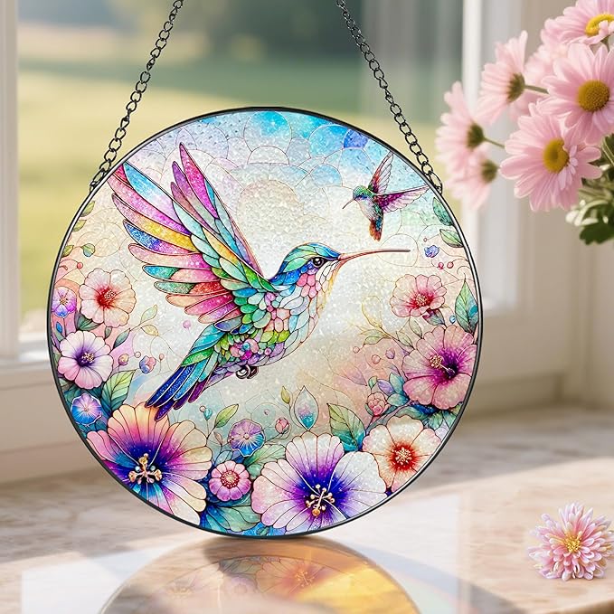 Stained Glass Window Hanging, Pauyadu Hummingbird Sun Catchers, Stained Glass Suncatcher, Hummingbird Decor Gifts for Women, Mom, Grandma, Wife, Lovers and Couple - 8 Inch