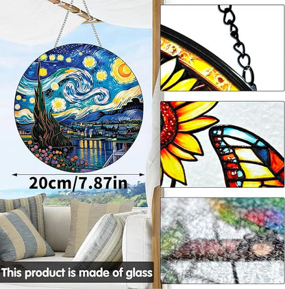 VAIIEYO Starry Night Sun Catcher Stained Glass Window Hanging Ornament, Handmade Sun Catcher Landscape Decoration with Hooks for Window Garden Home, Mother's Day & Birthday Housewarming Gift 7.8 inch