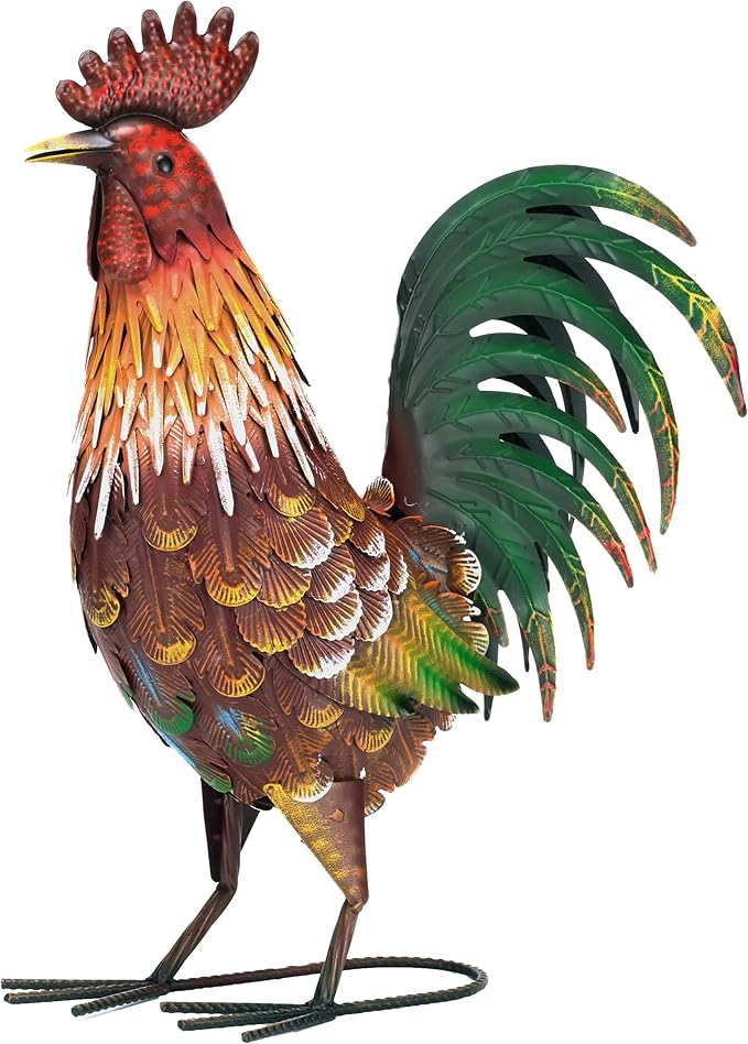 TERESA'S COLLECTIONS Red Metal Rooster Garden Statues & Sculptures for Outdoor Decor,Rustic Farmhouse Animal Chicken Yard Art for Garden Decor,17.5"Lawn Ornament for Porch Backyard Patio,Gift for Mom