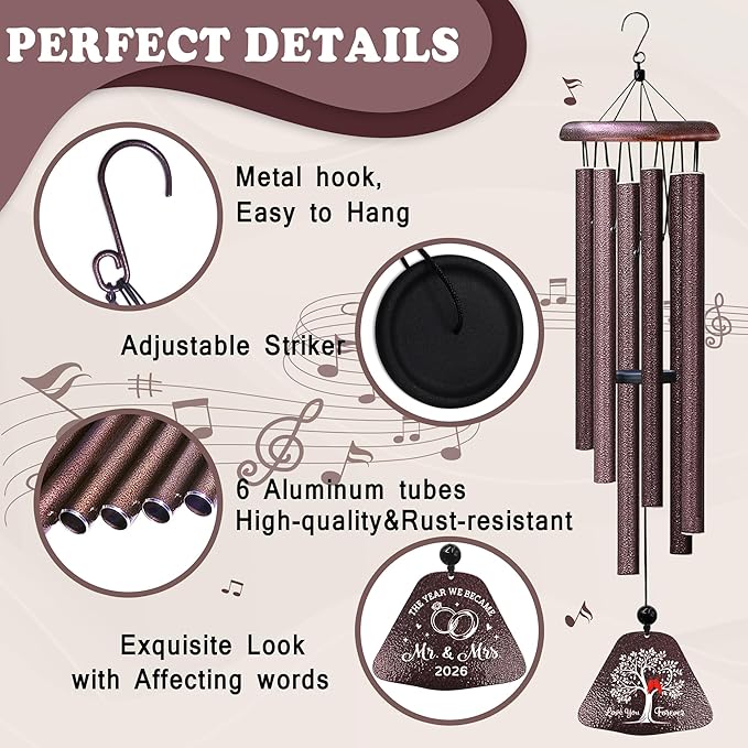Kubbut Wedding Gifts for Couples 2026, Mr and Mrs Gift, Bridal Shower Gifts for Bride，Wedding Decor Wind Chimes 32", Newly Wed Present for The Couple, Bride and Groom Present for Newlyweds