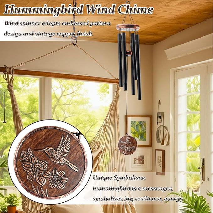 Large Hummingbird Wind Chimes for Outside - Wind Chimes for Loss of Loved One with 6 Aluminum Tubes Garden Patio Porch Decor Memorial Gifts for Grandma Mom Women (34" Hummingbird)