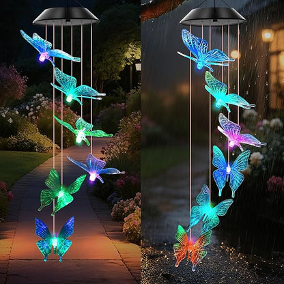 WENANA Blue Butterfly Solar Wind Chimes Color Changing Lights Outdoor, Best Gifts for Mom Grandma Women Wife Aunt Daughter Sister, Unique Mobile Wind Chime, Gardening Yard Decorations