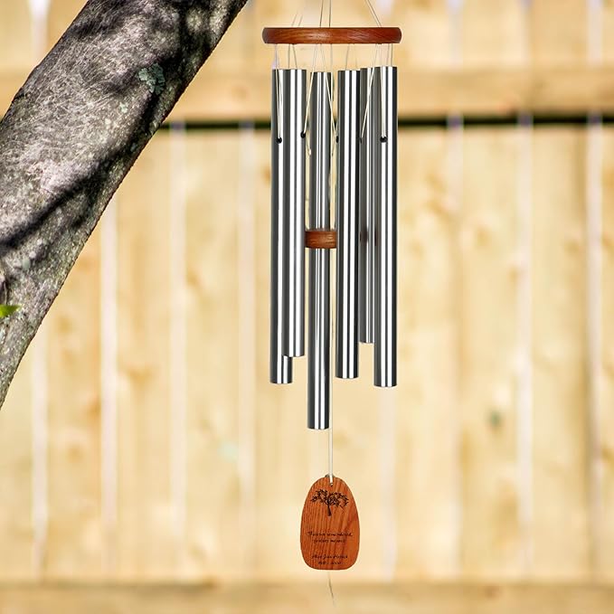 Woodstock Wind Chimes Personalized Amazing Grace Memorial Chime for Outside 24'' Medium Silver Sympathy Customized Forever Inspirational Wind Chime for Outdoor Patio Home Garden Decor (P-AGMS01)