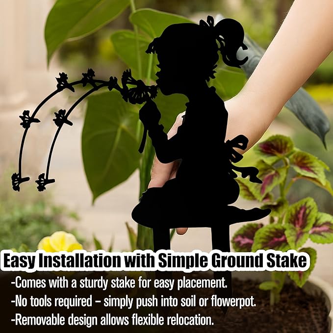 Girl Metal Dandelion Garden Stake – Dandelion Silhouette Sculpture Installation for Simple Balcony Decoration Scene, Outdoor Lawn Patio Yard Home Art Decor Figurines, Large Statues and Sculptures