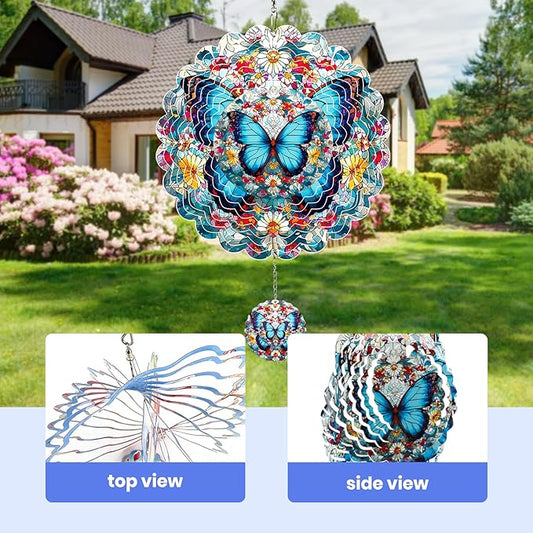 MXJSUA Blue Butterfly Wind Spinners for Indoor Outdoor Garden Decoration, 12 Inch Flowers Stainless Steel Hanging Wind Spinners Ornaments Crafts for Gifts