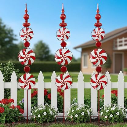Red Candy Wind Spinner Mother's Day Outdoor Decorations,52 Inch Metal Wind Spinner Outdoor Decoration for Yard Art and Garden Lawn Ornaments，Outdoor Mother's Day Decorations Yard and Lawn Ornaments