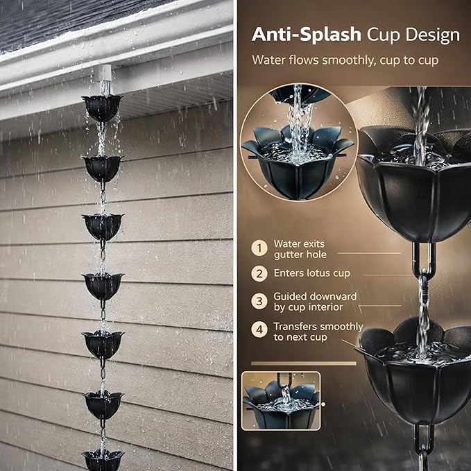Gardzen Aluminum Rain Chain for Gutter, 8.5 Feet Decorative Rainchain with 13 Flower Cups, Heavy Duty Outside Rain Catcher for Eaves Drainage, Black