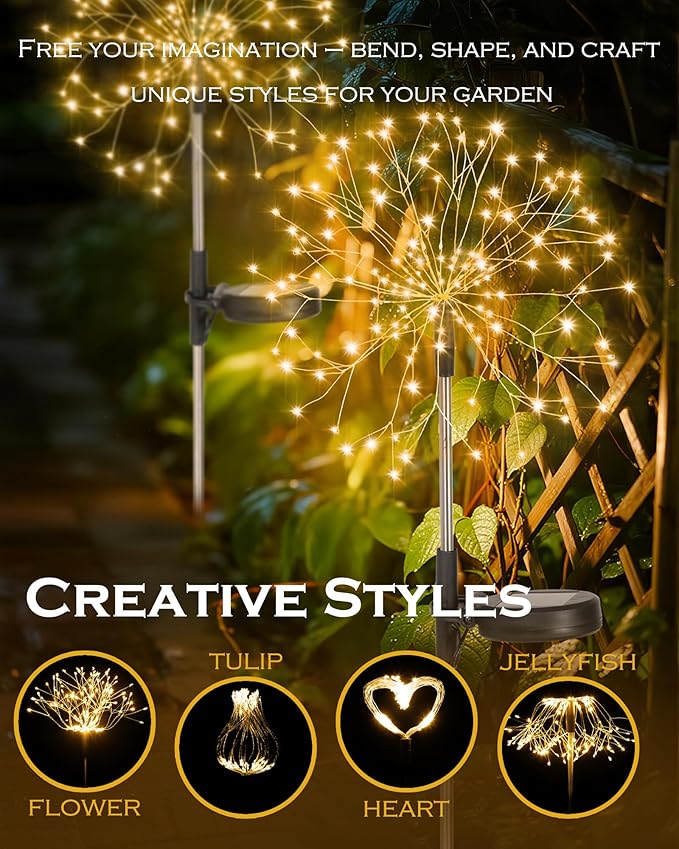 Solar Garden Lights Outdoor Yard Decorations, 4 Pack 150Leds Pathway Light, Fairy Firework Stake Lights for Garden, Patio, Pathway, Flowerbed Gold Color