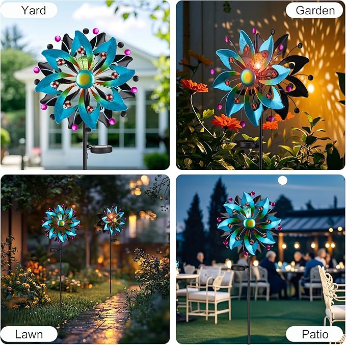 Solar Wind Spinners Outdoor - 58.8 inch Large Metal Kinetic Art Wind Sculptures Solar-Powered Multi-Color Lights Glass Ball with 360° Swivel Waterproof Windmill for Yard Garden Patio Lawn Decor