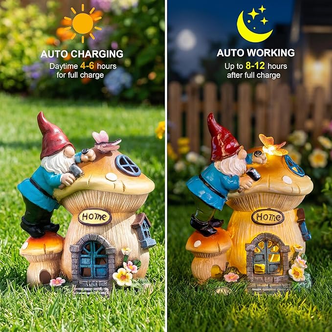 Garden Gnome Statues Figurine Lights - Solar Powered Lighting Outdoor Decorations, Gnome Build Mushroom Fairy House, Yard Art Lawn Ornaments for Porch Patio Balcony - Gnome Gifts for Women Mom