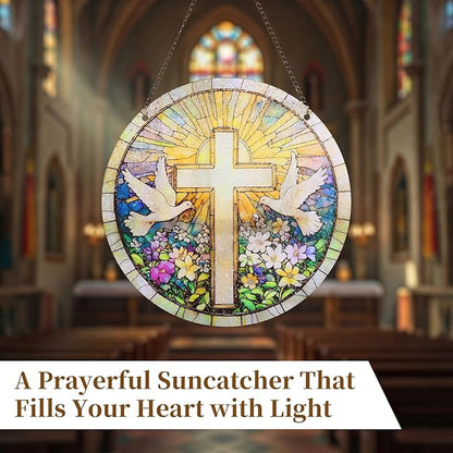 Shihanee 4 Pcs Christian Cross Suncatcher for Window Hanging with Blessing Card Gift Box Hook Acrylic Cross Pigeon Sun Catcher Religious Faith Gifts for Home Window Garden Memorial Decor