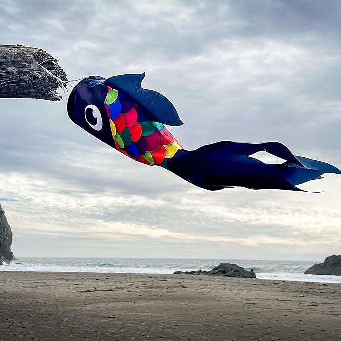 In the Breeze 5225 — 30-inch Black & Rainbow Damsel Fish — Colorful Fishsock Hanging Garden Decor with Detailed Printed Graphics