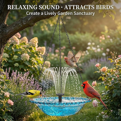 Hanging Solar Bird Bath Fountain - Outdoor Hanging Bird Bath with Solars Pump & Glass Bowl for Patio Yard Decor (Pink)