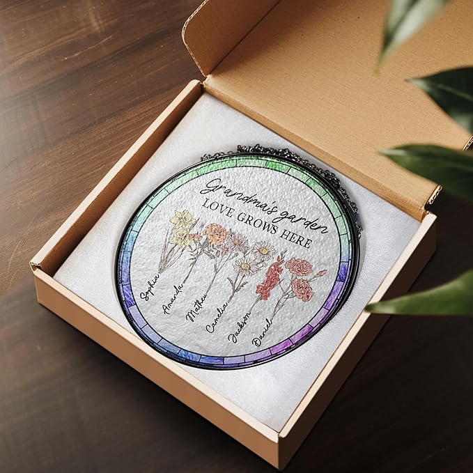 Personalized Grandma’s Garden Stained Glass Window Hanging Ornament, Custom Birth Month Flowers with Kids’ Names, Grandma Love Grows Here Floral Art, for Mom Grandma