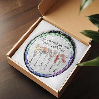 Personalized Grandma’s Garden Stained Glass Window Hanging Ornament, Custom Birth Month Flowers with Kids’ Names, Grandma Love Grows Here Floral Art, for Mom Grandma