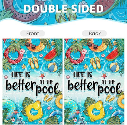Summer Garden Flags for Outside, LIFE IS BETTER AT THE POOL Small Seasonal Decoration for Farmhouse Holiday Yard Outdoor Decor 12x18 Inch Double Sided