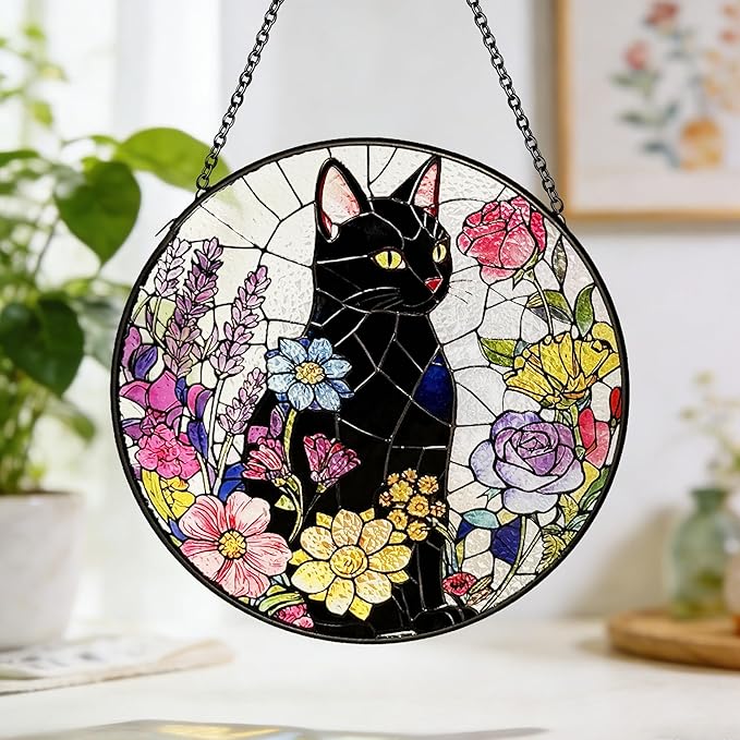 Cat Stained Glass Suncatcher Window, Hanging Sun Catchers Indoor Window, Suncatcher for Mom/Women (Black Cat & Flower)