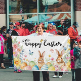 Happy Easter Flag with Bunnies and Eggs, 3x5 FT, Polyester with Metal Grommets, Spring Floral Butterfly Design, Double Sided, Indoor Outdoor Decoration