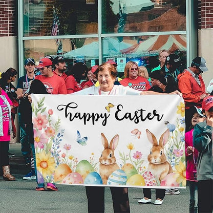 Happy Easter Flag with Bunnies and Eggs, 3x5 FT, Polyester with Metal Grommets, Spring Floral Butterfly Design, Double Sided, Indoor Outdoor Decoration
