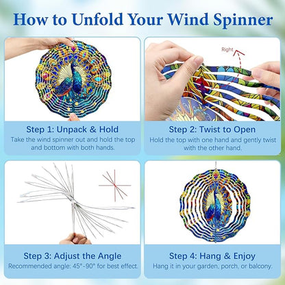 Wazzio Peacock Wind Spinners Outdoor, Peacock Gifts for Women Wife Mom Grandma, Hanging Wind Spinners for Christmas Thanksgiving, 12 inch Outdoor Indoor Hanging Ornament for Garden Porch Backyard