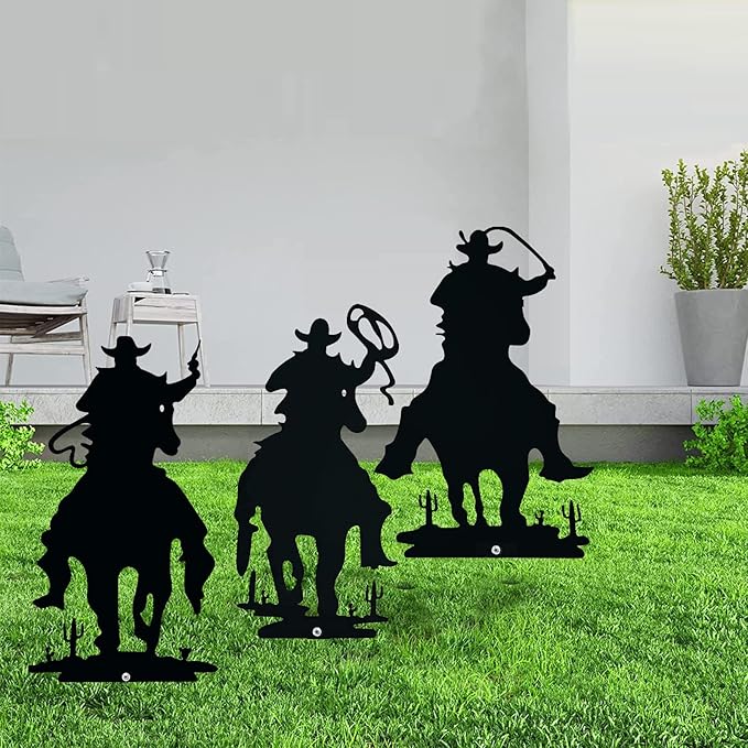 3PCS Metal Garden Stake, Western Cowboy Silhouette Yard Sign Vintage Cowboy Decor Western Garden Flag for Home Garden Lawn Yard