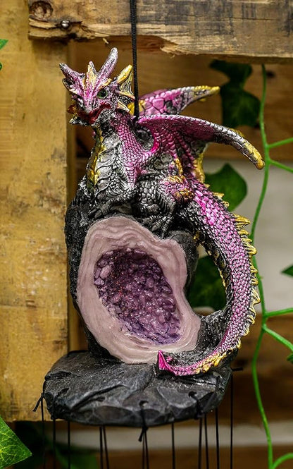 Ebros Gift Medieval Purple Dragon Guarding Topaz Crystal Geode Rock Figurine Crown Top Resonant Wind Chime with Miniature Geode Rocks Ornaments for Garden Patio Home Fantasy Dungeons and Dragons