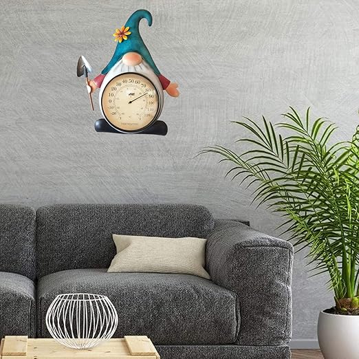 Metal Gnome Thermometer Indoor Outdoor Wall Art Decor Plaque Sculpture Hanging Mounted for Living Room Bedroom Kitchen Workroom Patio, Waterproof, No Battery Required