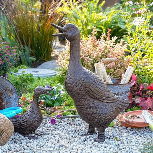 Sungmor Vintage Cast Iron Duck Garden Statue - 15.7" Tall Heavy Duty Outdoor Mother Duck Figurine, Rustic Animal Sculpture for Lawn, Patio, Yard - Antique Brown Finish, Farmhouse Home Decoration