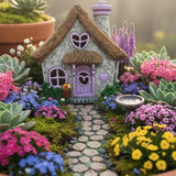 PRETMANNS Fairy House for Outside with Solar Powered LED Lights for Garden - Fairy Garden Houses for Outdoor - Miniature Accessories for Cottage Decor for Village - 7.56” High, Lavender