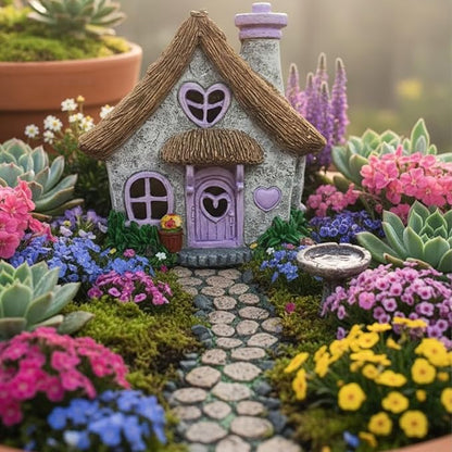 PRETMANNS Fairy House for Outside with Solar Powered LED Lights for Garden - Fairy Garden Houses for Outdoor - Miniature Accessories for Cottage Decor for Village - 7.56” High, Lavender