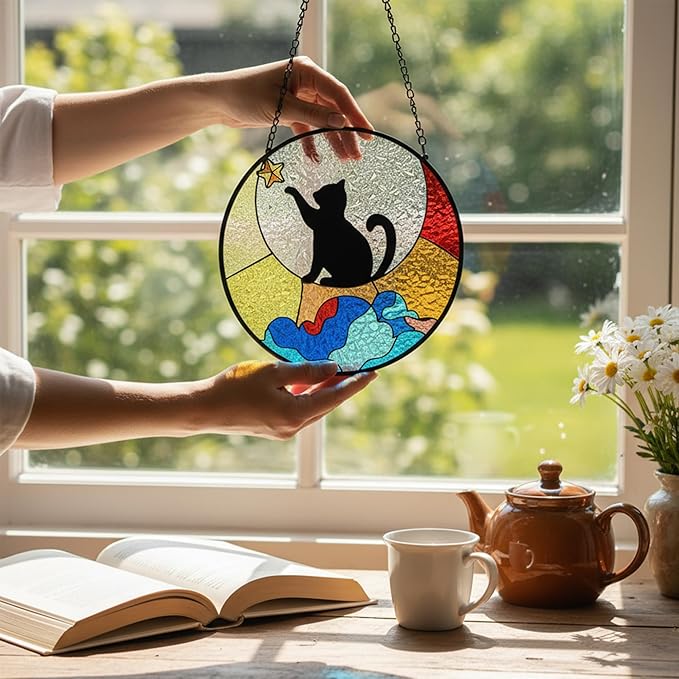 Black Cat Stained Glass Window Hanging Ornament, Cat Suncatcher Indoor Wall Art, Boho Cottagecore Moon Kitten Wall Hanging Decorations, Gifts for Cat Lovers, 5.9''