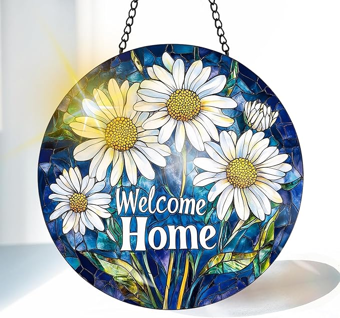 VAIIEYO Welcome Home Stained Glass Window Hanging Ornament, Handmade Sun Catcher Chrysanthemum Decoration with Hooks for Window Garden Home, Mother's Day & Birthday Housewarming Gift (7.8 inch)