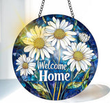 VAIIEYO Welcome Home Stained Glass Window Hanging Ornament, Handmade Sun Catcher Chrysanthemum Decoration with Hooks for Window Garden Home, Mother's Day & Birthday Housewarming Gift (7.8 inch)