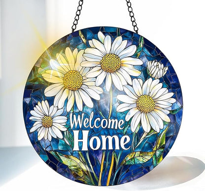 VAIIEYO Welcome Home Stained Glass Window Hanging Ornament, Handmade Sun Catcher Chrysanthemum Decoration with Hooks for Window Garden Home, Mother's Day & Birthday Housewarming Gift (7.8 inch)