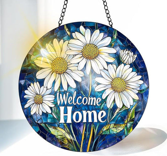 VAIIEYO Welcome Home Stained Glass Window Hanging Ornament, Handmade Sun Catcher Chrysanthemum Decoration with Hooks for Window Garden Home, Mother's Day & Birthday Housewarming Gift (7.8 inch)