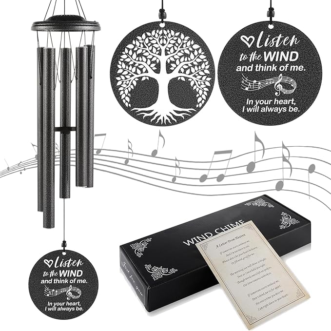 Sympathy Wind Chimes Loss Loved One, Memorial Gift for Loss of Mother Father Husband Condolence Remembrance, Best Sympathy Gift (Black, 36'')