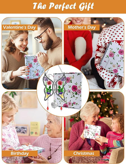 KY&BOSAM Gift for Aunt Suncatcher Butterfly I Love You Aunt Gift Stain Glass Suncather for Window Hanging Wind Chime with Pressed Flower Embedded Birthday Gifts for Women Mother`s Day Christmas