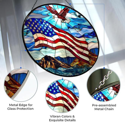 American Flag Stained Glass Sun Catcher Mountain Stained Glass Window Hanging, Suncatchers Lavender Wall Decor, for Women/Friends/Lover