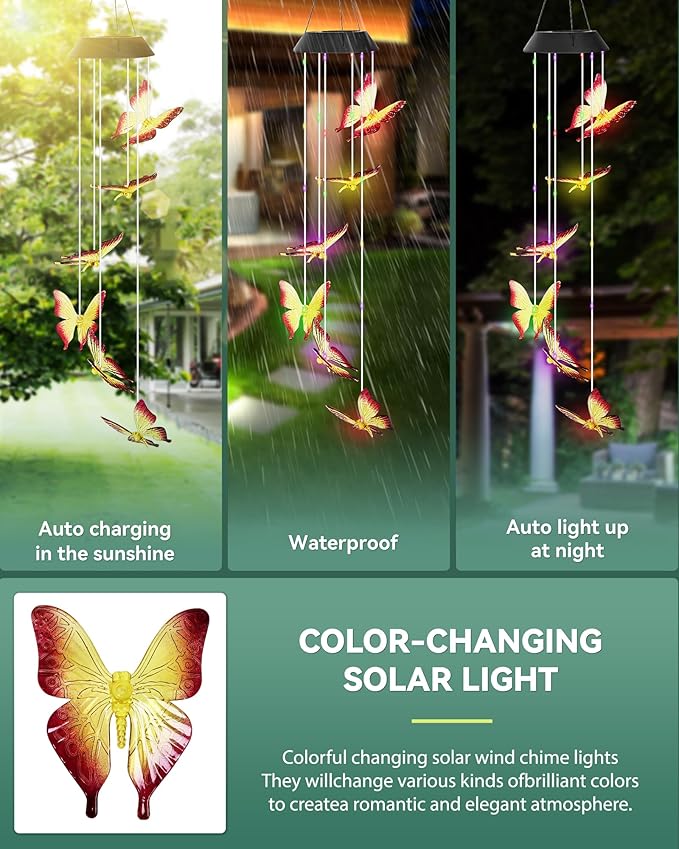 DOUBLEZHE Solar Wind Chimes for Outside, Color Changing Butterfly Wind Chime Outdoor Clearance, Birthday Gifts for Mom Women Grandma Wife Girls, Unique Decor Colorful Patio Yard Party Decoration