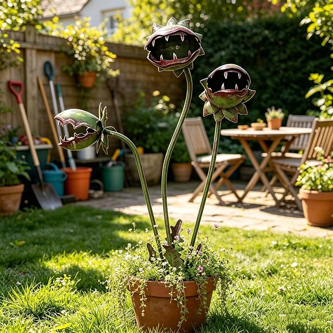 Whimsical Metal Carnivorous Plant Garden Stake, Whimsical Garden Decor, Three Dramatic Open-Mouth Blooms, Yard Art for Flower Beds, Patios & Planters, Unique Quirky