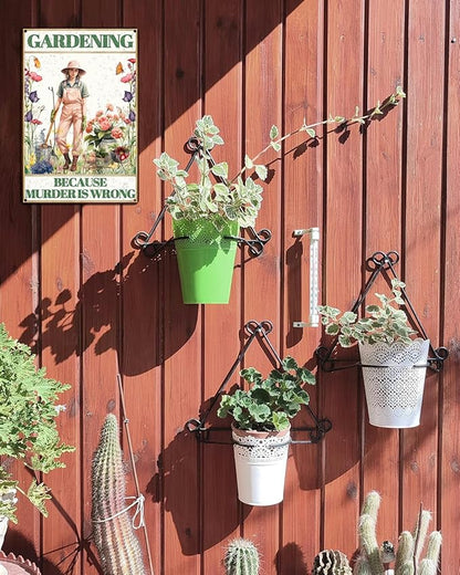 Funny Garden Metal Sign for Decor, GARDENING BECAUSE MURDER IS WRONG Vintage Backyard Porch Yard Garden Decor Outdoor, Gard Gift for Woman, Wife, Mama, Grandma 8x12"